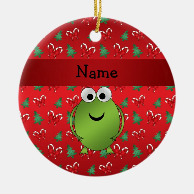 Personalised name frog red candy canes trees ceramic ornament (Front)