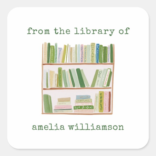 Personalised Name From The Library Green Bookplate Square Sticker (Front)