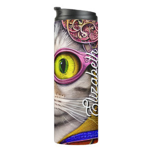 Personalised Name Funny Cat Funky Glasses Thermal Tumbler