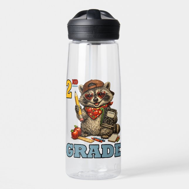 Personalised Name & Funny Second Grade Racoon Water Bottle (Front)