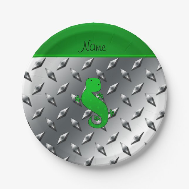 Personalised name gecko silver diamond plate steel (Front)