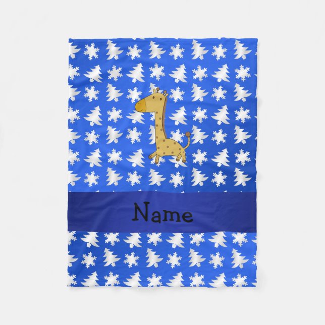 Personalised name giraffe blue snowflakes trees fleece blanket (Front)