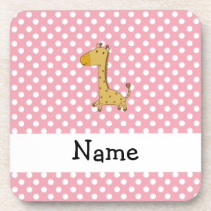 Personalised name giraffe pink polka dots coaster