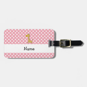 Personalised name giraffe pink polka dots luggage tag