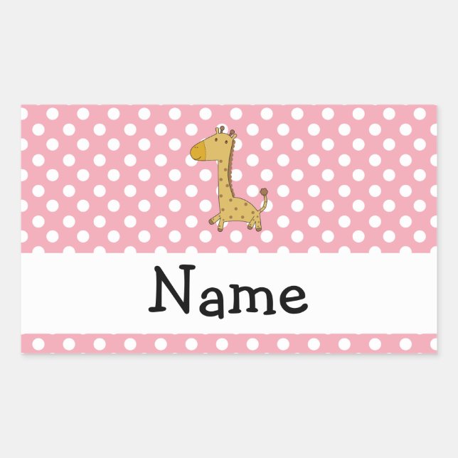 Personalised name giraffe pink polka dots rectangular sticker (Front)