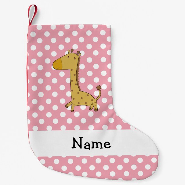 Personalised name giraffe pink polka dots small christmas stocking (Front)