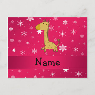 Personalised name giraffe pink snowflakes postcard