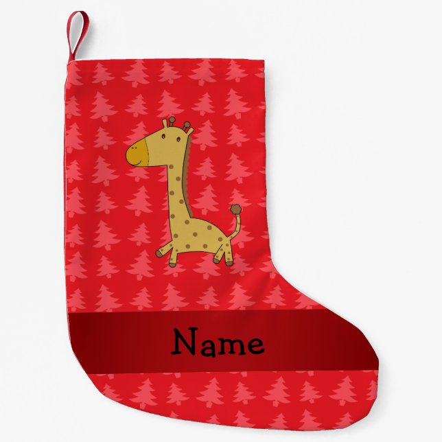 Personalised name giraffe red christmas trees small christmas stocking (Front)