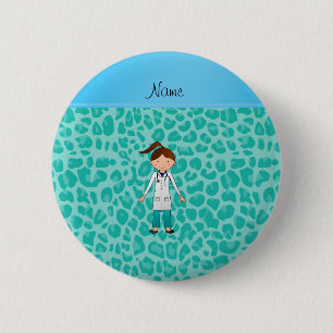 Personalised name girl doctor green leopard 6 cm round badge