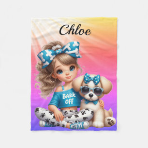 Personalised name girl with puppy fleece blanket