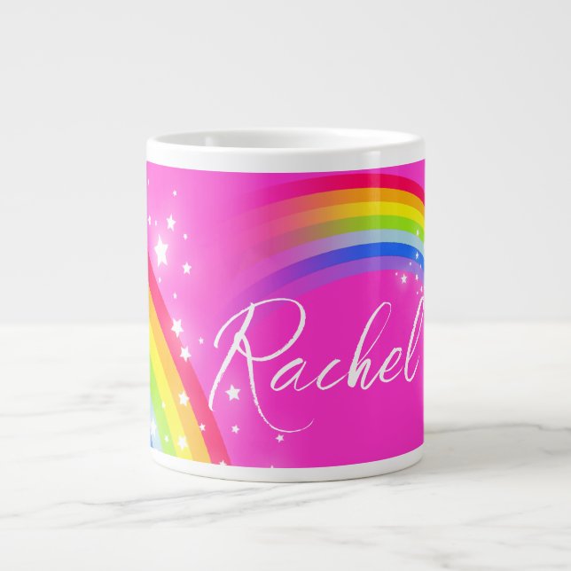 Personalised name girls rachel rainbow pink  large coffee mug (Front)