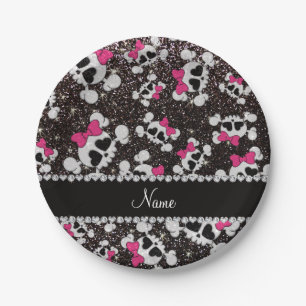 Personalised name glitter black skulls pink bows paper plate