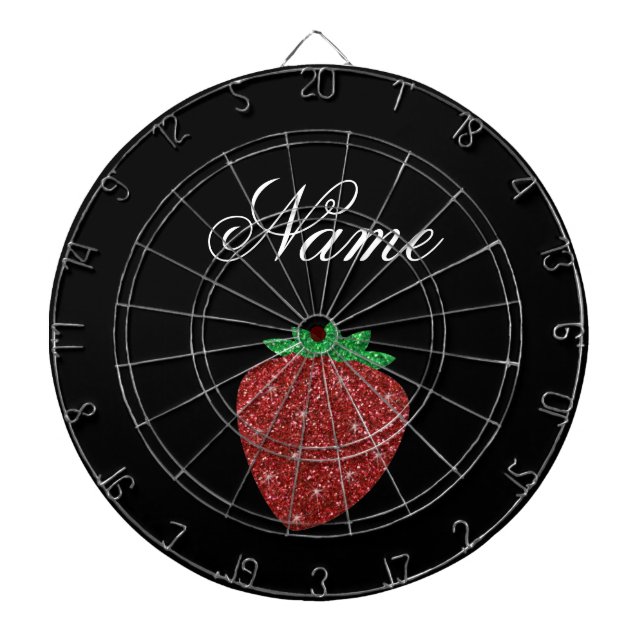 Personalised name glitter strawberry black dartboard (Front)