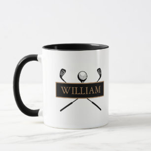 Personalised Name Gold and Black Golf Clubs Mug