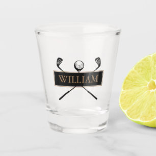 Personalised Name Gold and Black Golf Clubs Shot Glass