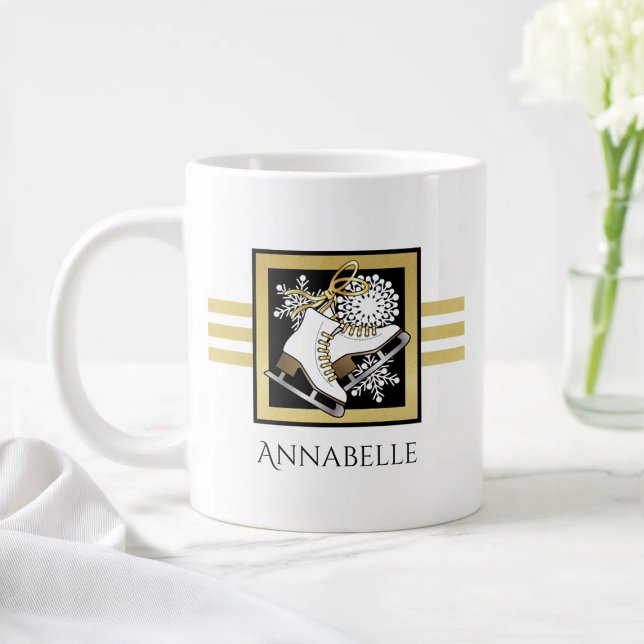 Personalised Name Gold Black White Ice Skating Large Coffee Mug (Creator Uploaded)