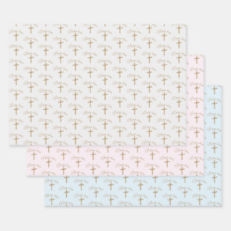 Personalised Name Gold Cross Christening Baptismal Wrapping Paper Sheet