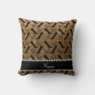 Personalised name gold glitter boots bows cushion
