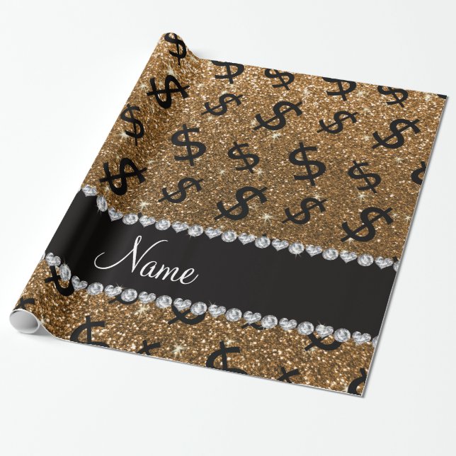 Personalised name gold glitter dollar signs wrapping paper (Unrolled)