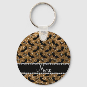 Personalised name gold glitter fancy shoes bows key ring
