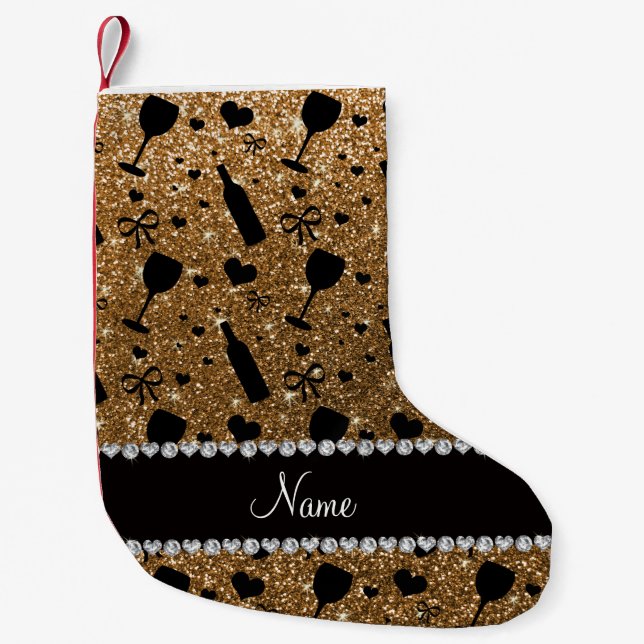 Personalised name gold glitter wine glass bottle small christmas stocking (Front)