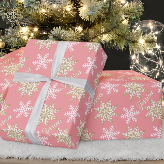 Personalised Name Gold Snowflake Pink Gift Wrapping Paper (Creator Uploaded)
