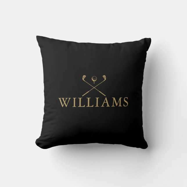 Personalised Name Golf Clubs Black And Gold Cushion (Front)