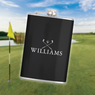 Personalised Name Golf Clubs Black And White Hip Flask