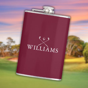 Personalised Name Golf Clubs Burgundy Red Hip Flask