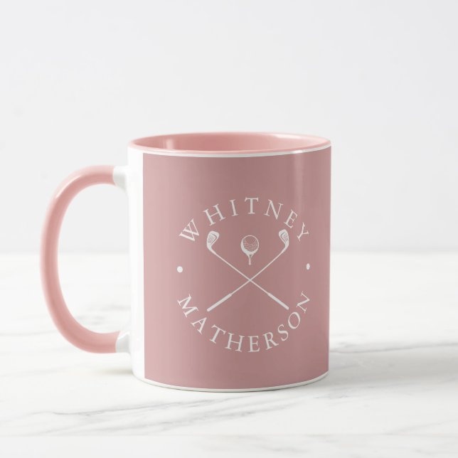 Personalised Name Golf Clubs Dusty Rose And White Mug (Left)