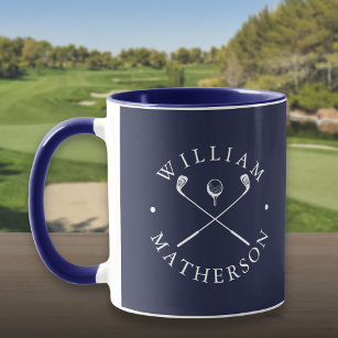 Personalised Name Golf Clubs Navy Blue And White Mug