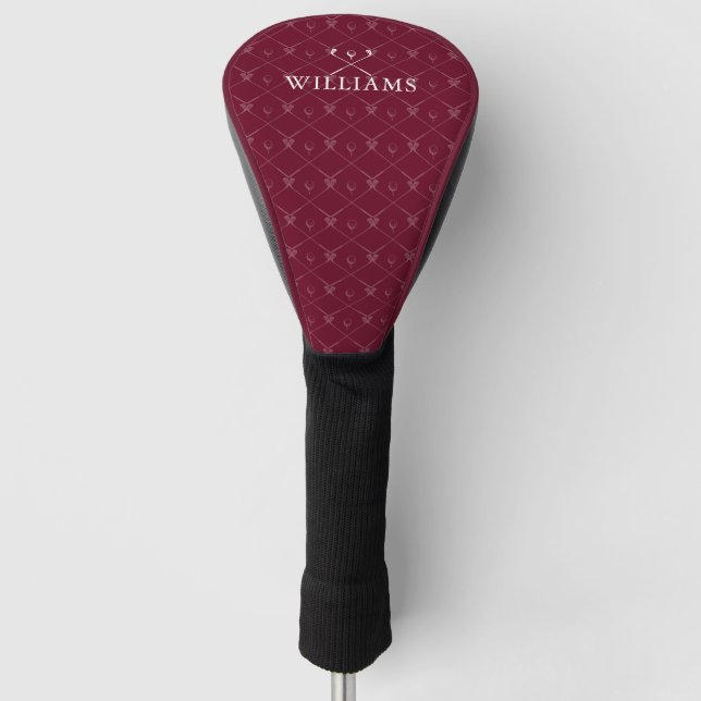 Personalised Name Golf Clubs Pattern Burgundy Red Head Cover (Front)