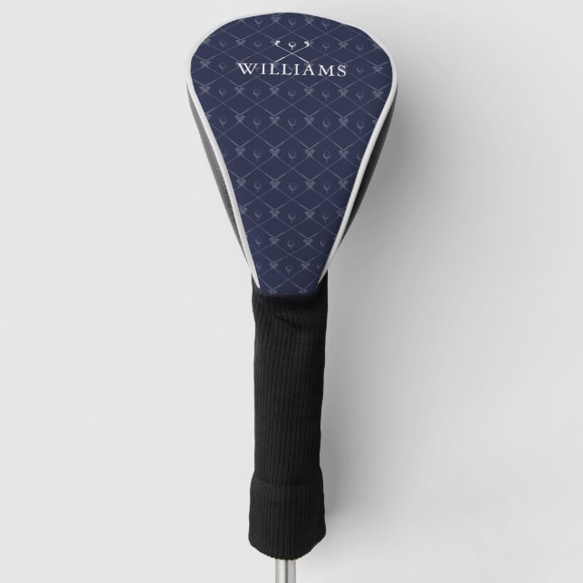 Personalised Name Golf Clubs Pattern Navy Blue Head Cover (Front)