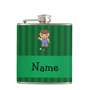 Personalised name golf player green stripes hip flask