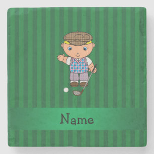 Personalised name golf player green stripes stone coaster