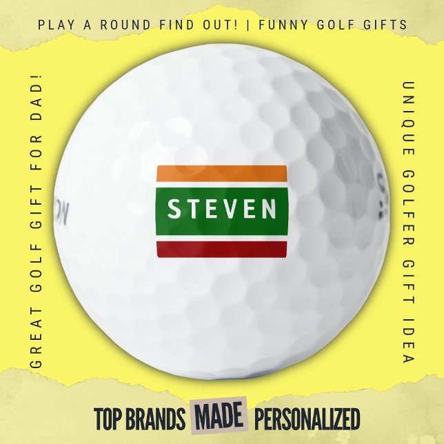 Personalised Name Golf Stripe Retro Colour Block Balls (Custom golf balls by Play A Round Find Out, Retro Convenient Corner Store Sign Design with Name)