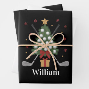 Personalised Name Golf Tree Equipment Christmas  Wrapping Paper Sheet