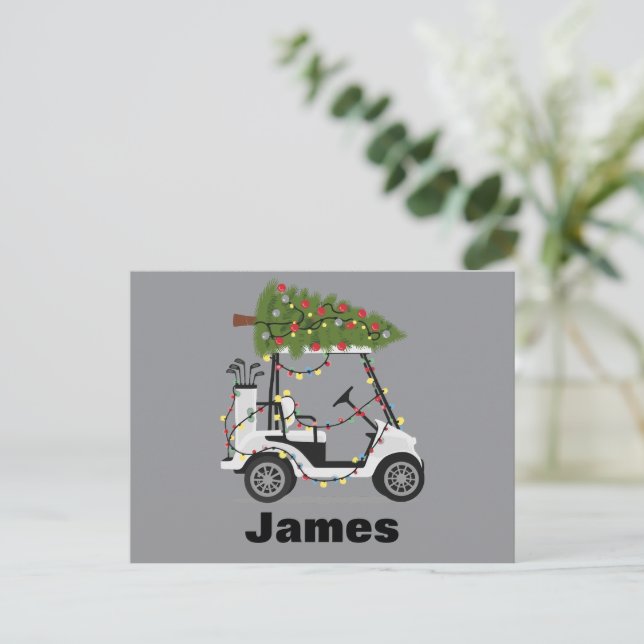 Personalised Name Golfer Christmas Golf Cart Xmas  Holiday Postcard (Standing Front)