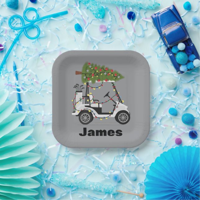 Personalised Name Golfer Christmas Golf Cart Xmas  Paper Plate (Party)