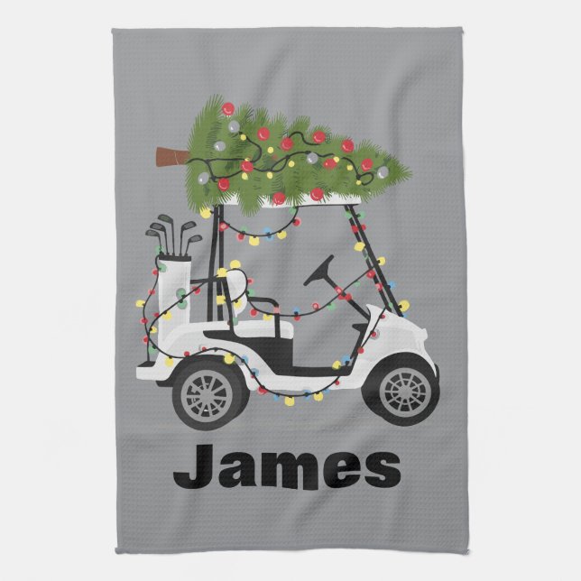 Personalised Name Golfer Christmas Golf Cart Xmas  Tea Towel (Vertical)