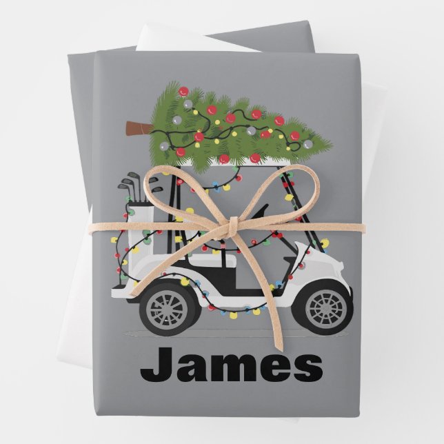 Personalised Name Golfer Christmas Golf Cart Xmas  Wrapping Paper Sheet (In situ)