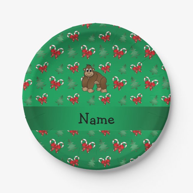 Personalised name gorilla green candy canes bows paper plate (Front)