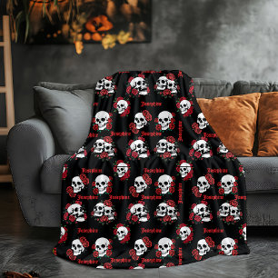 Personalised Name Gothic Skull & Roses Halloween Fleece Blanket