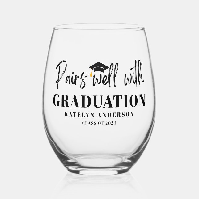 Personalised Name Graduation Year Pairs Well Stemless Wine Glass (Front)