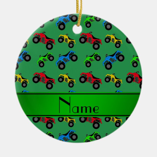 Personalised name green atv pattern ceramic tree decoration (Front)