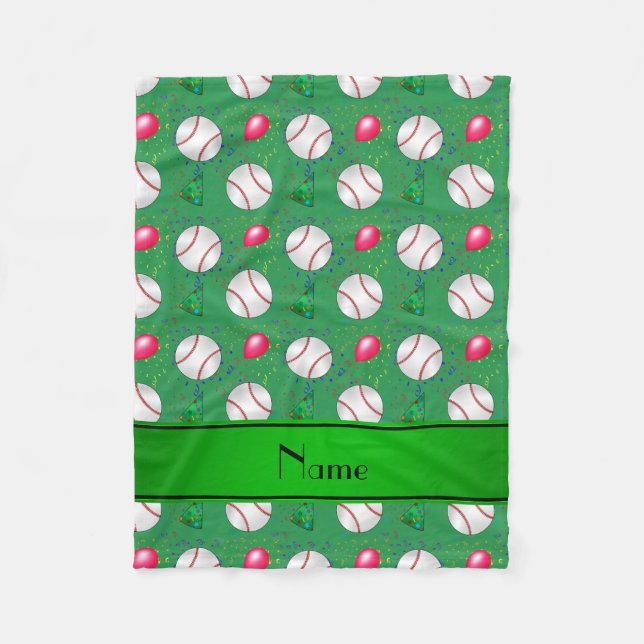 Personalised name green baseball birthday fleece blanket (Front)