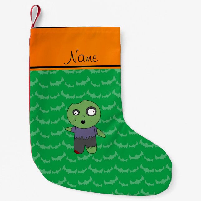 Personalised name green bats zombie small christmas stocking (Front)