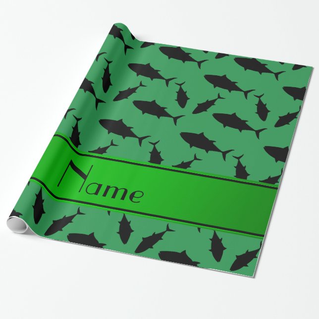 Personalised name green black bluefin tuna pattern wrapping paper (Unrolled)