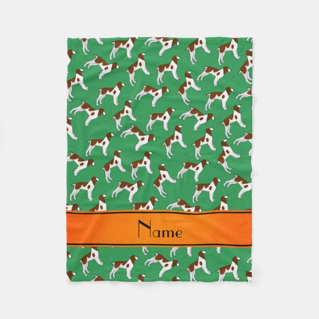 Personalised name green brittany spaniel dogs fleece blanket (Front)