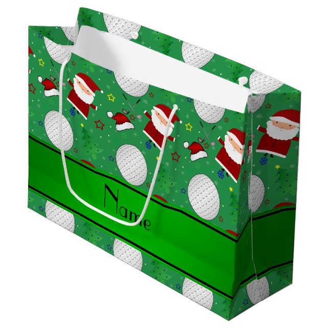Personalised name green christmas golfing large gift bag (Front Angled)